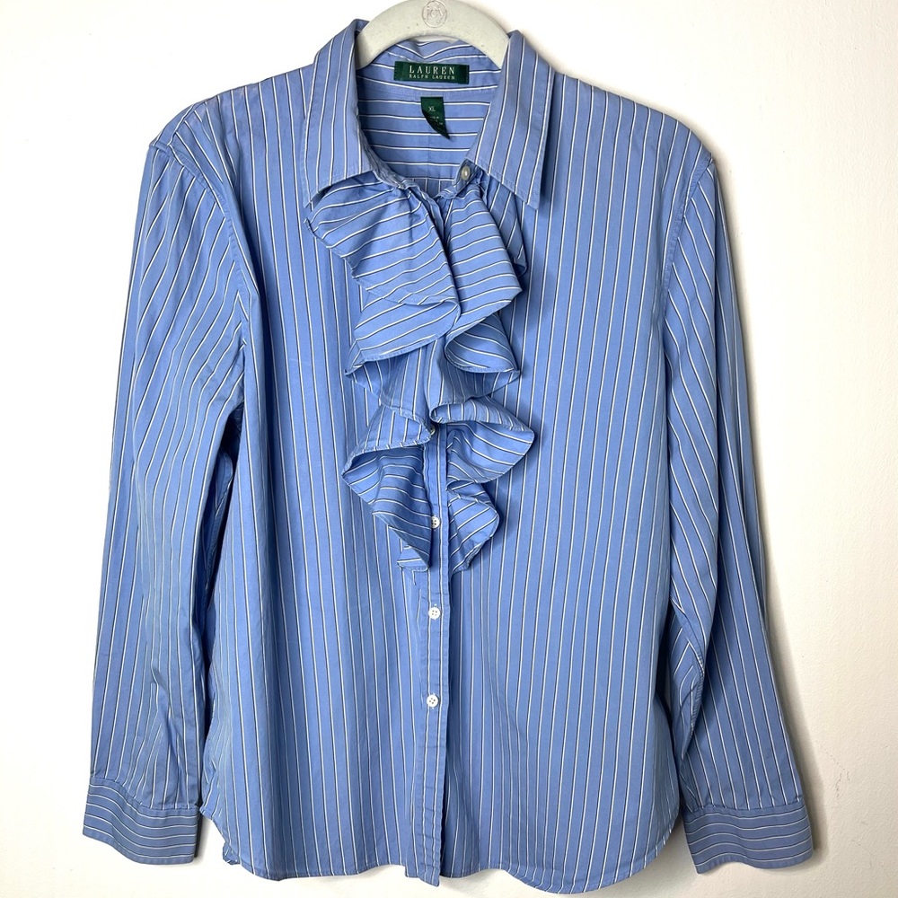 Lauren Ralph Lauren Blue Striped Ruffle Blouse Long Sleeves SZ XL  EUC